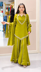 DESIGNER OLIVE GREEN ROMAN GLASS SILK EMBROIDERED SHARARA SUIT SET