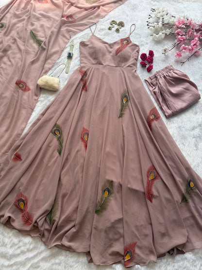 BLUSH PEACOCK FEATHER HAND PAINTED DESIGNER ANARKALI SET