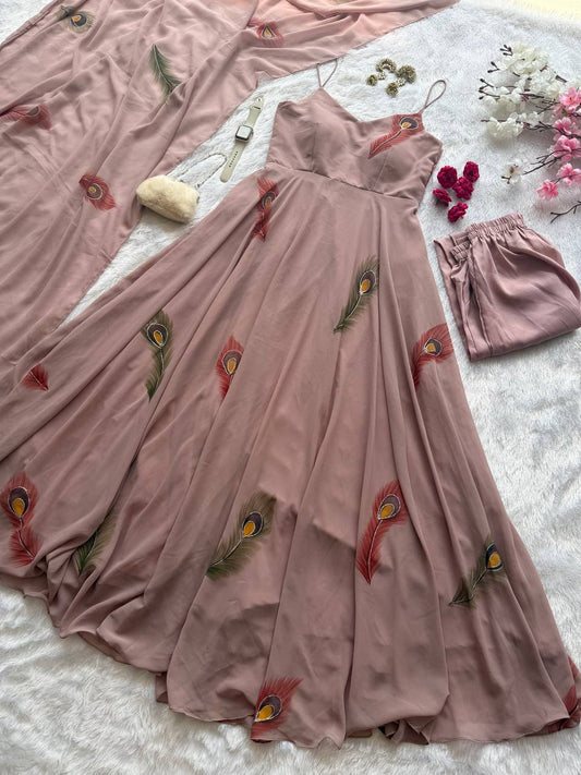 BLUSH PEACOCK FEATHER HAND PAINTED DESIGNER ANARKALI SET