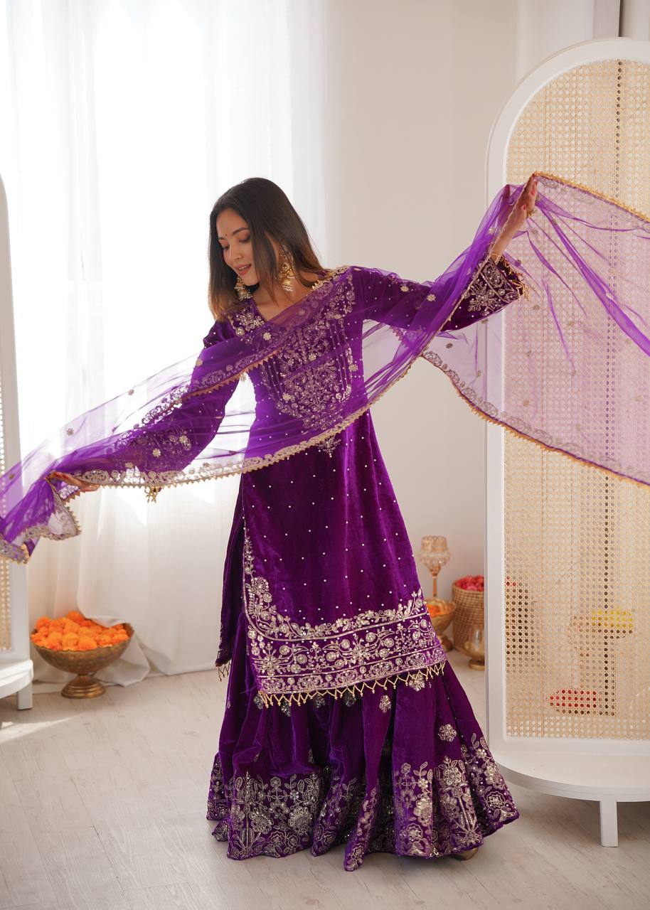PURPLE COLOR VISCOSE VELVET FESTIVAL WEAR EMBROIDERY WORK READYMADE SHARARA SUIT