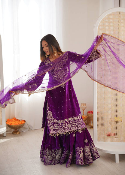 PURPLE COLOR VISCOSE VELVET FESTIVAL WEAR EMBROIDERY WORK READYMADE SHARARA SUIT