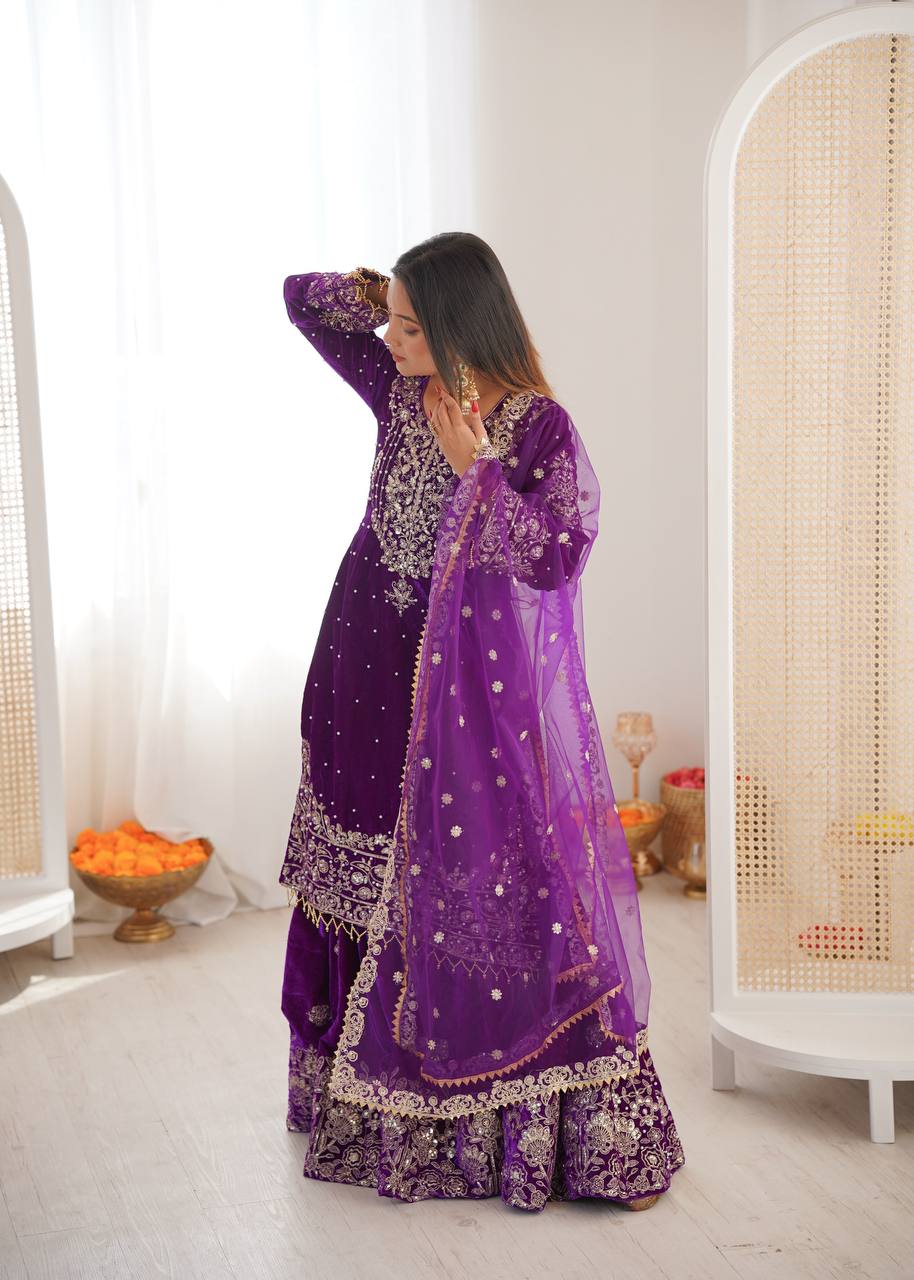 PURPLE COLOR VISCOSE VELVET FESTIVAL WEAR EMBROIDERY WORK READYMADE SHARARA SUIT