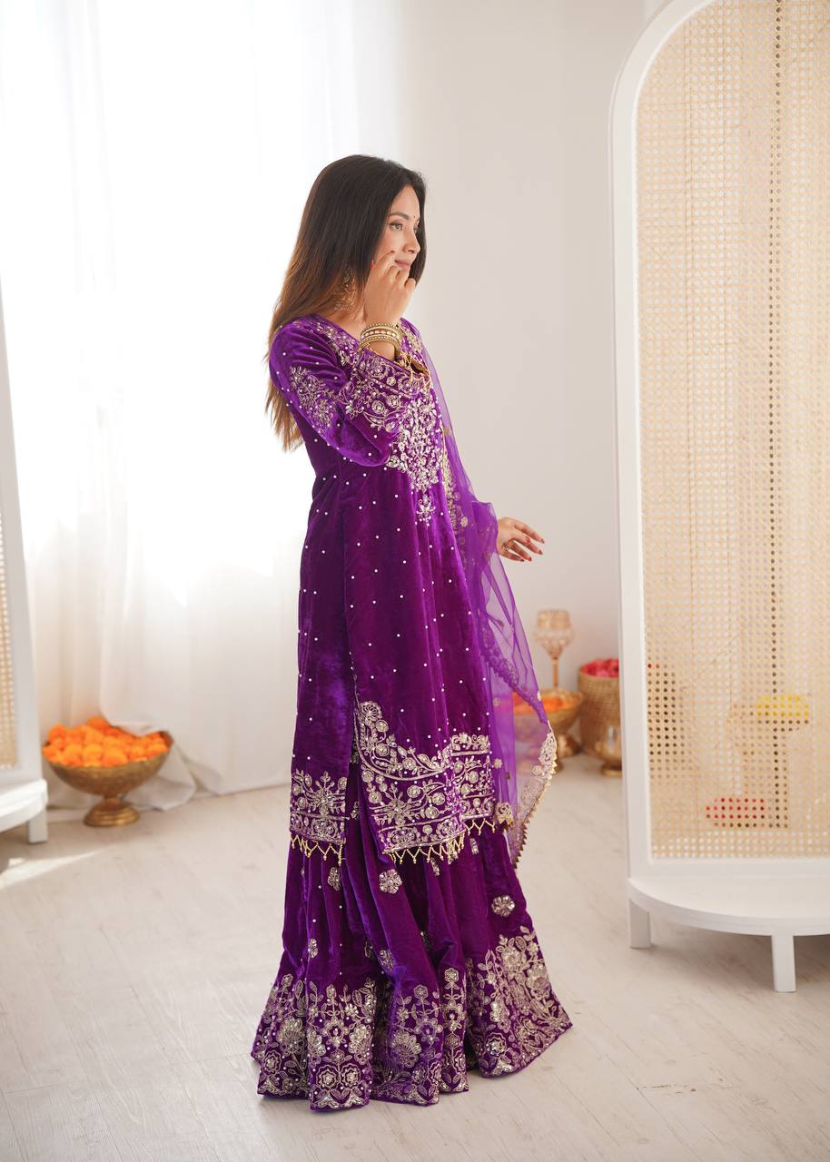 PURPLE COLOR VISCOSE VELVET FESTIVAL WEAR EMBROIDERY WORK READYMADE SHARARA SUIT
