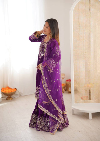 PURPLE COLOR VISCOSE VELVET FESTIVAL WEAR EMBROIDERY WORK READYMADE SHARARA SUIT
