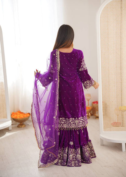 PURPLE COLOR VISCOSE VELVET FESTIVAL WEAR EMBROIDERY WORK READYMADE SHARARA SUIT