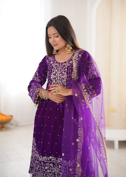 PURPLE COLOR VISCOSE VELVET FESTIVAL WEAR EMBROIDERY WORK READYMADE SHARARA SUIT