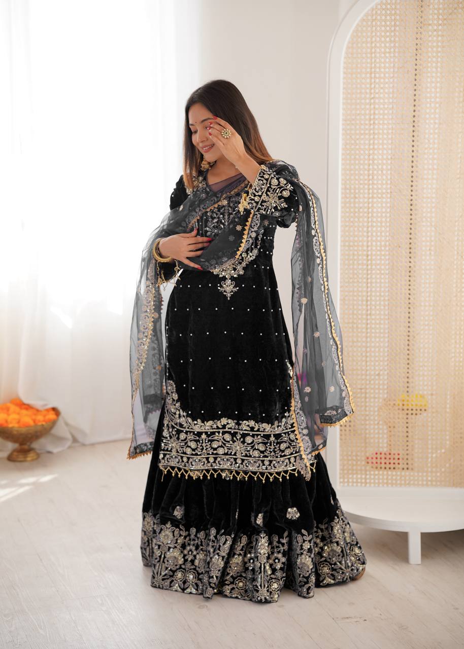 BLACK COLOR VISCOSE VELVET FESTIVAL WEAR EMBROIDERY WORK READYMADE SHARARA SUIT