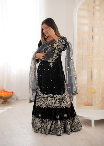 BLACK COLOR VISCOSE VELVET FESTIVAL WEAR EMBROIDERY WORK READYMADE SHARARA SUIT