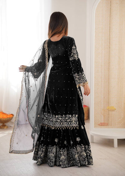BLACK COLOR VISCOSE VELVET FESTIVAL WEAR EMBROIDERY WORK READYMADE SHARARA SUIT