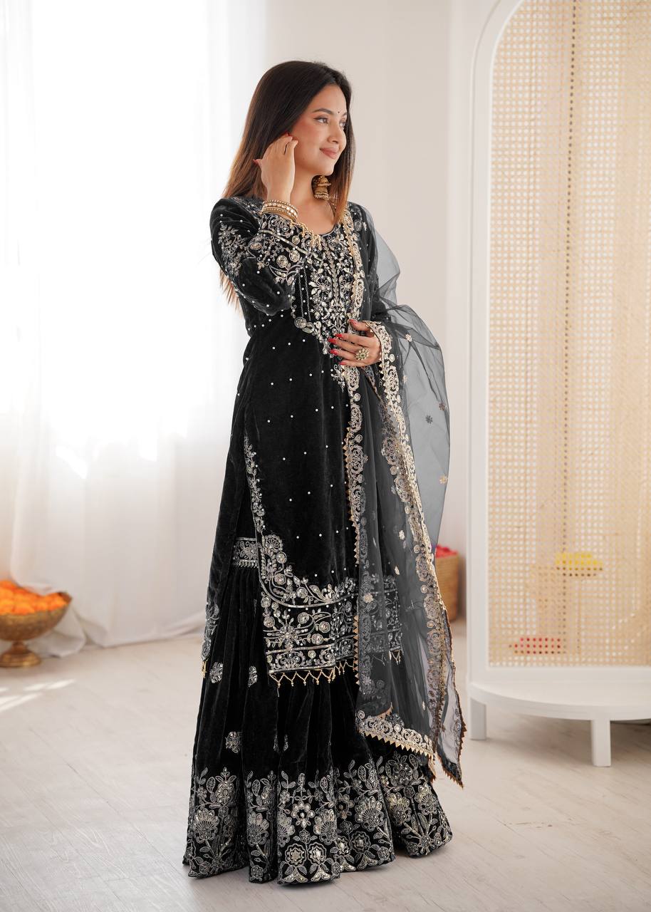 BLACK COLOR VISCOSE VELVET FESTIVAL WEAR EMBROIDERY WORK READYMADE SHARARA SUIT