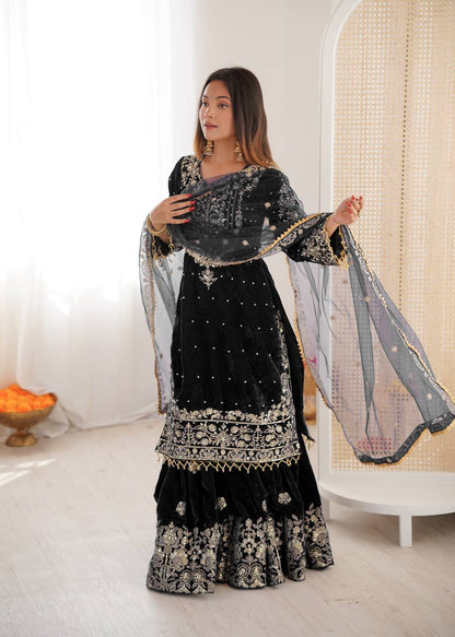 BLACK COLOR VISCOSE VELVET FESTIVAL WEAR EMBROIDERY WORK READYMADE SHARARA SUIT