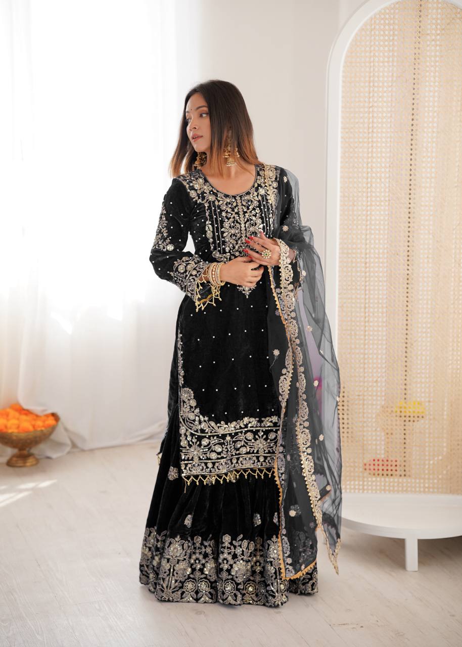 BLACK COLOR VISCOSE VELVET FESTIVAL WEAR EMBROIDERY WORK READYMADE SHARARA SUIT