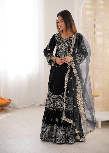 BLACK COLOR VISCOSE VELVET FESTIVAL WEAR EMBROIDERY WORK READYMADE SHARARA SUIT