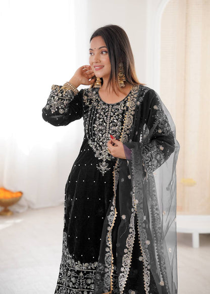 BLACK COLOR VISCOSE VELVET FESTIVAL WEAR EMBROIDERY WORK READYMADE SHARARA SUIT