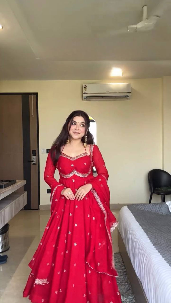RED RITUAL GEORGETTE BASE ANARKALI GOWN SET OF 3