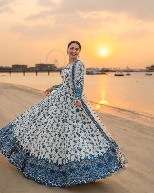 WHITE COLOR EMBROIDERED WORK ANARKALI GOWN