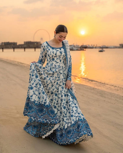 WHITE COLOR EMBROIDERED WORK ANARKALI GOWN