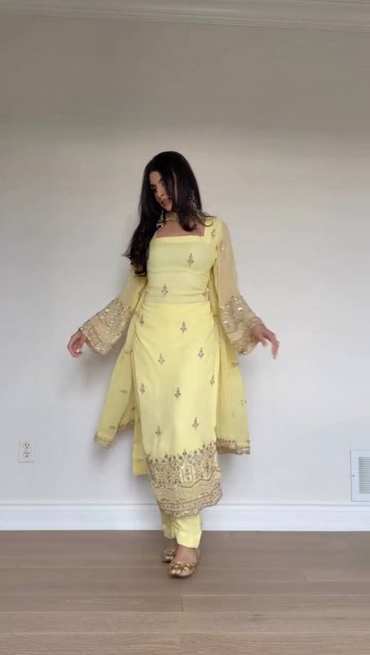 YELLOW FAUX GEORGETTE BEAUTIFUL EMBROIDERED WORK SUIT SET