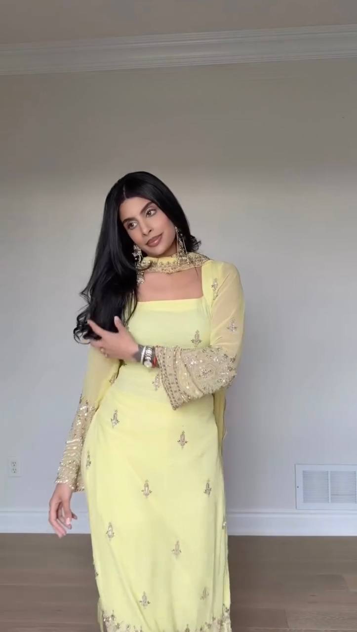 YELLOW FAUX GEORGETTE BEAUTIFUL EMBROIDERED WORK SUIT SET