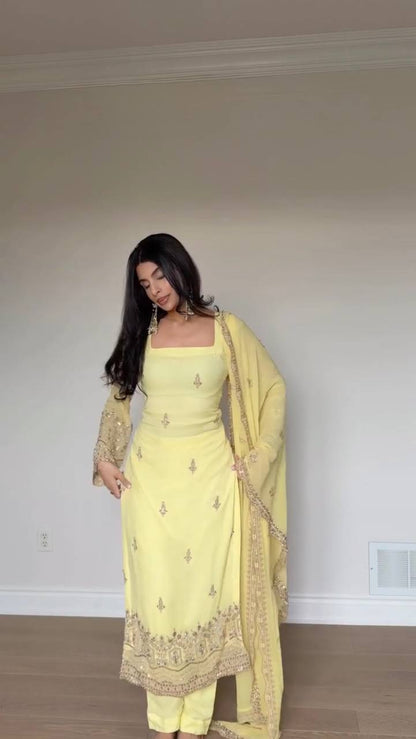 YELLOW FAUX GEORGETTE BEAUTIFUL EMBROIDERED WORK SUIT SET