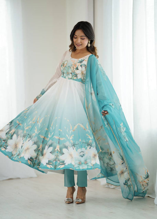 AQUA BLUE FLORAL PRINT ORGANZA BASE ANARKALI SUIT SET