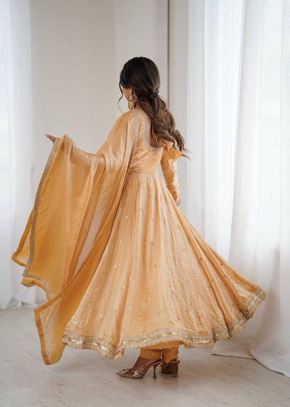 CREAM COLOR FANDY SILK BASE EMBROIDERED ANARKALI SUIT SET OF 3