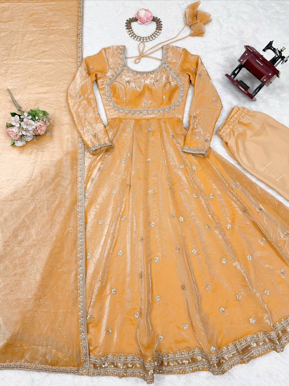 CREAM COLOR FANDY SILK BASE EMBROIDERED ANARKALI SUIT SET OF 3