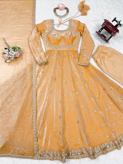 CREAM COLOR FANDY SILK BASE EMBROIDERED ANARKALI SUIT SET OF 3