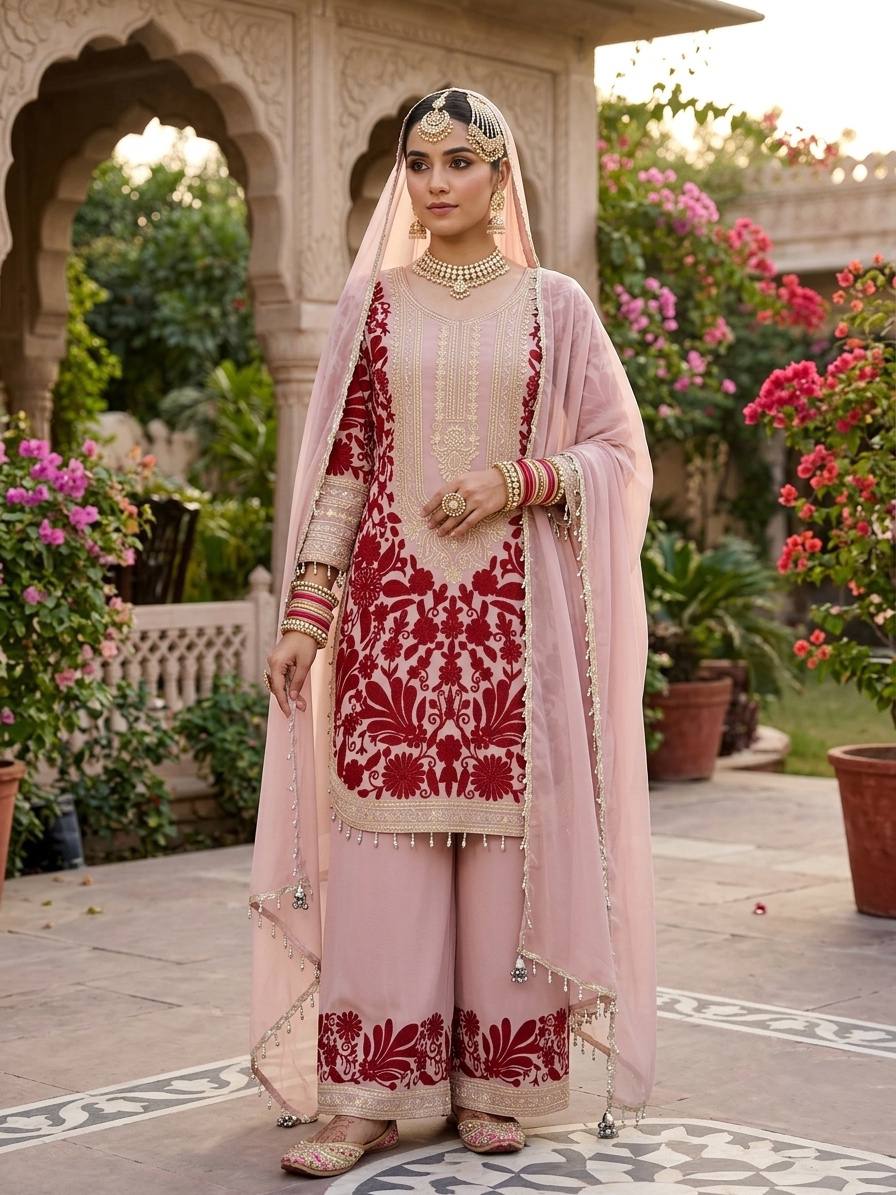 BLUSH PINK DESIGNER EMBROIDERED PLAZZO SUIT SET