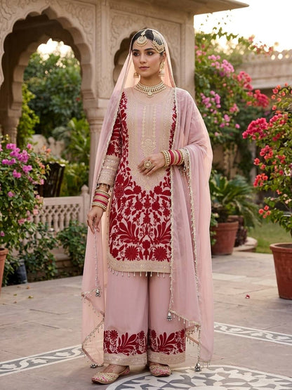 BLUSH PINK DESIGNER EMBROIDERED PLAZZO SUIT SET