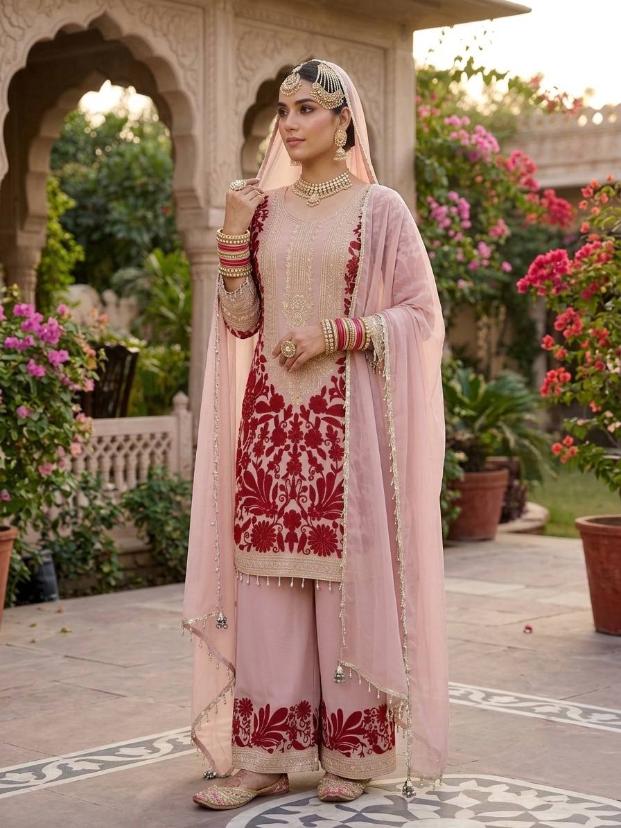 BLUSH PINK DESIGNER EMBROIDERED PLAZZO SUIT SET