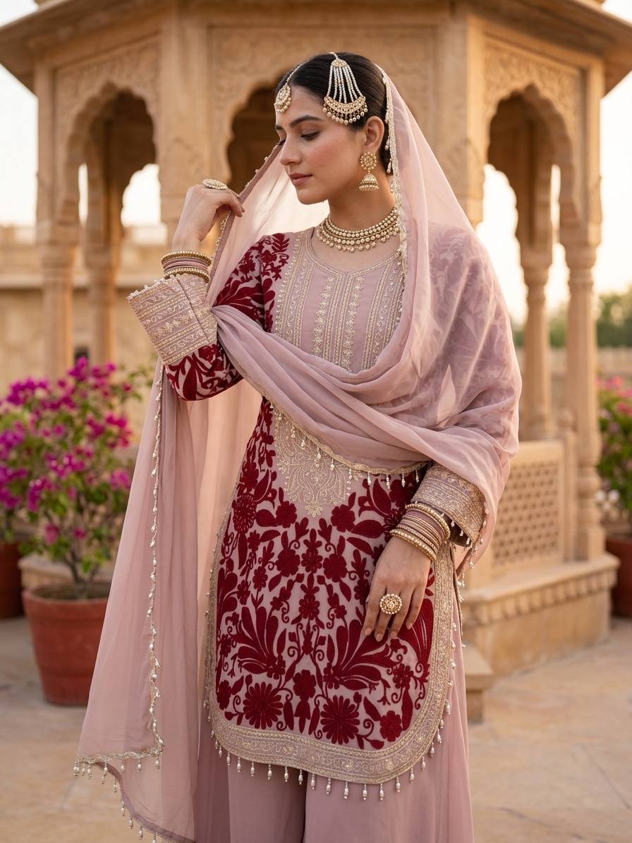 BLUSH PINK DESIGNER EMBROIDERED PLAZZO SUIT SET