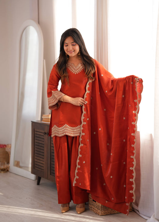RUST ORANGE ROMAN SILK BASE EMBROIDERED PALAZZO SUIT SET