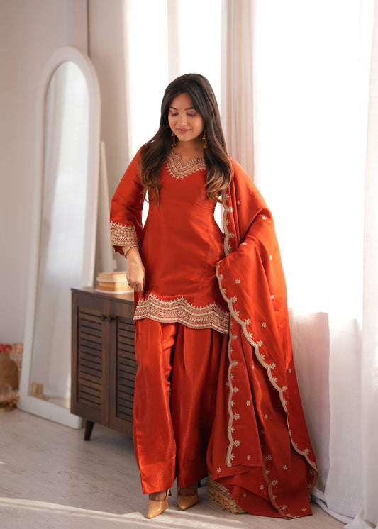 RUST ORANGE ROMAN SILK BASE EMBROIDERED PALAZZO SUIT SET