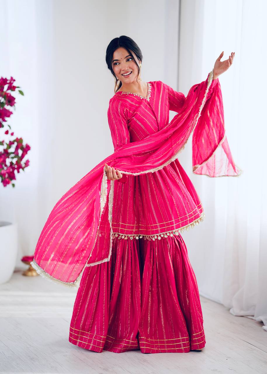 PINK MUL CHANDERI SILK REAL MIRROR & HADWORK SHARARA SET