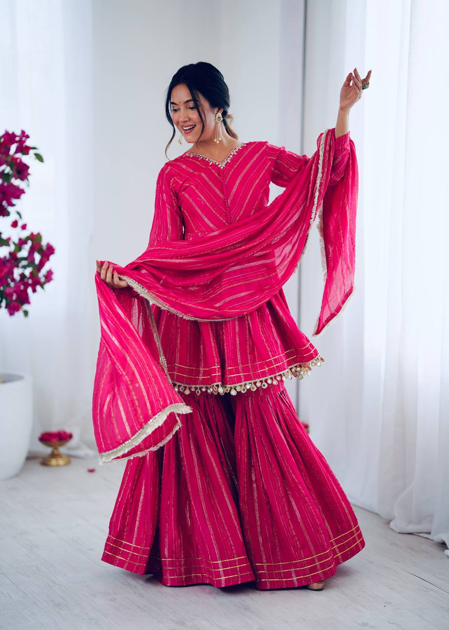 PINK MUL CHANDERI SILK REAL MIRROR & HADWORK SHARARA SET