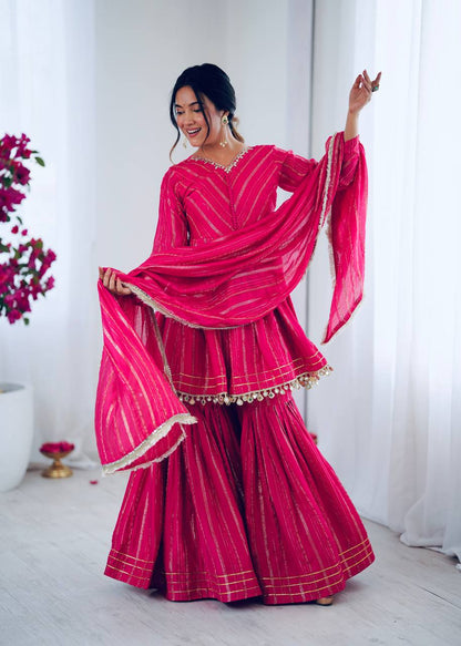 PINK MUL CHANDERI SILK REAL MIRROR & HADWORK SHARARA SET