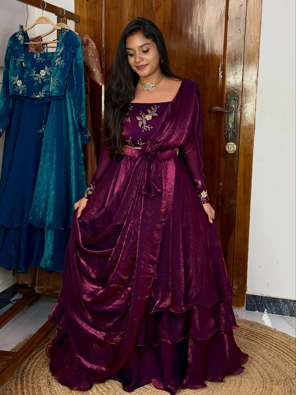 BEAUTIFUL WINE COLOR HEAVY SPACE SILK 3 IN 1 STYLE LEHENGA CHOLI SET DOUBLE FRILL