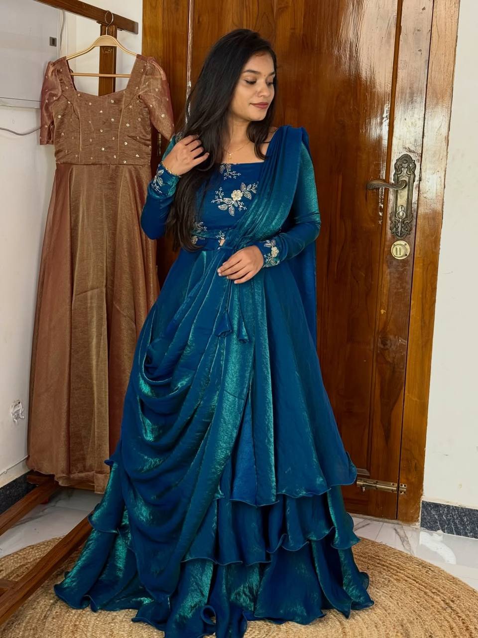 BEAUTIFUL RAMA COLOR HEAVY SPACE SILK 3 IN 1 STYLE LEHENGA CHOLI SET DOUBLE FRILL