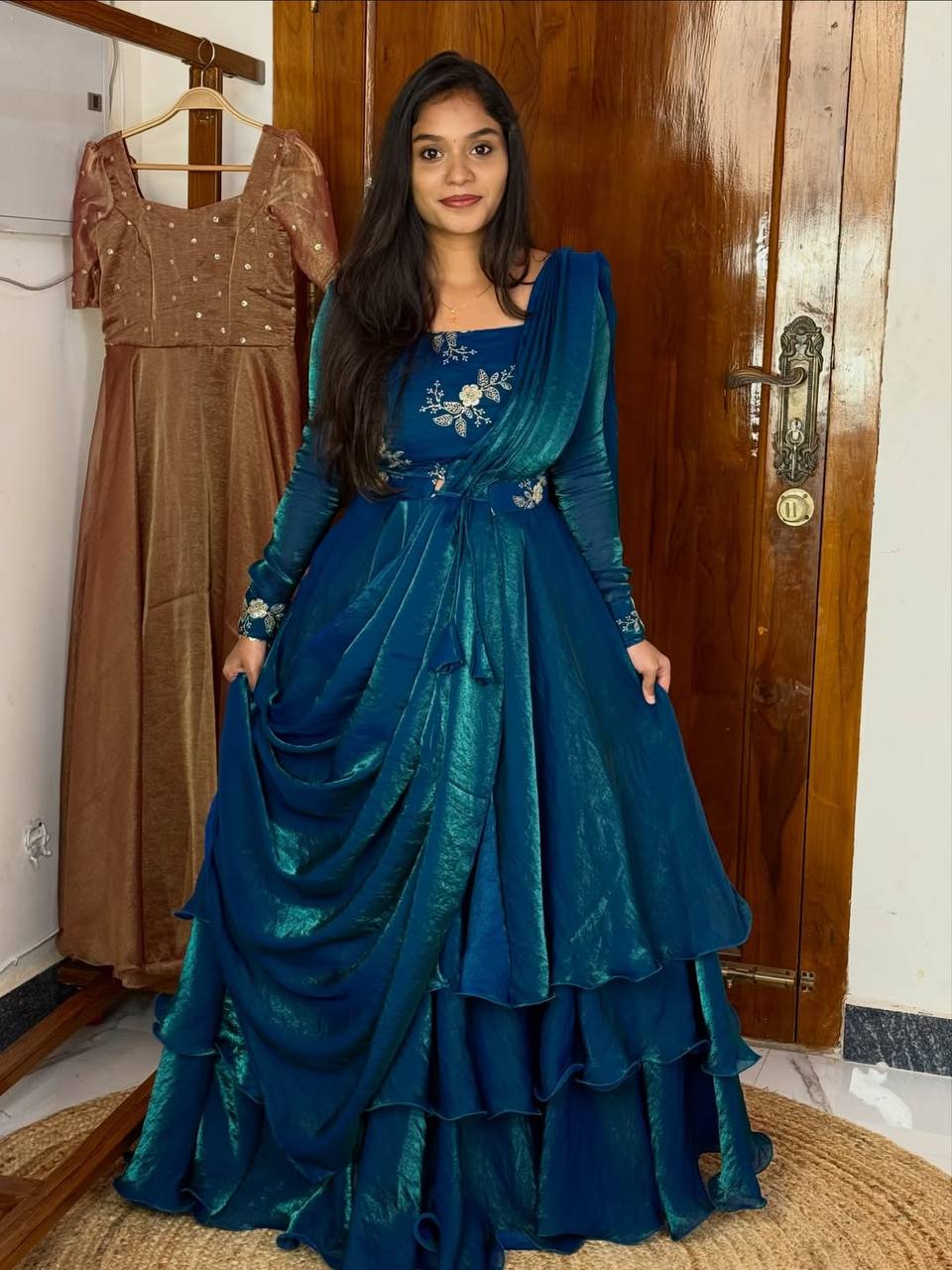 BEAUTIFUL RAMA COLOR HEAVY SPACE SILK 3 IN 1 STYLE LEHENGA CHOLI SET DOUBLE FRILL