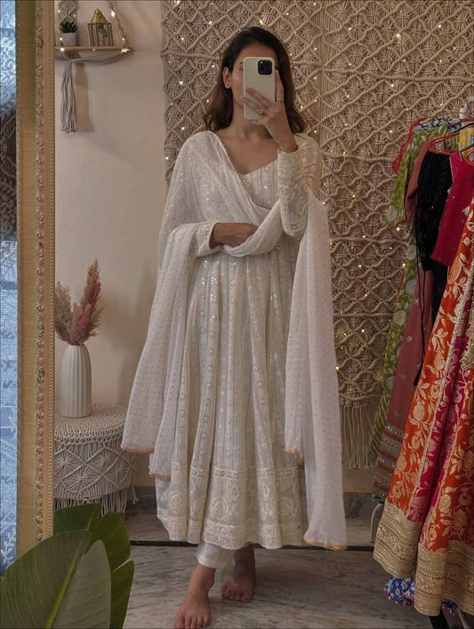 VANILLA LUCKNOWI EMBROIDERED WORK ANARKALI SUIT SET
