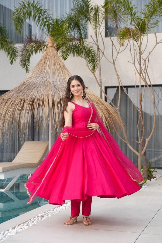 PURE ROMANSILK CHANDERI FABRIC BASE FULLY FLAIR ANARKALI SUIT SET OF 3