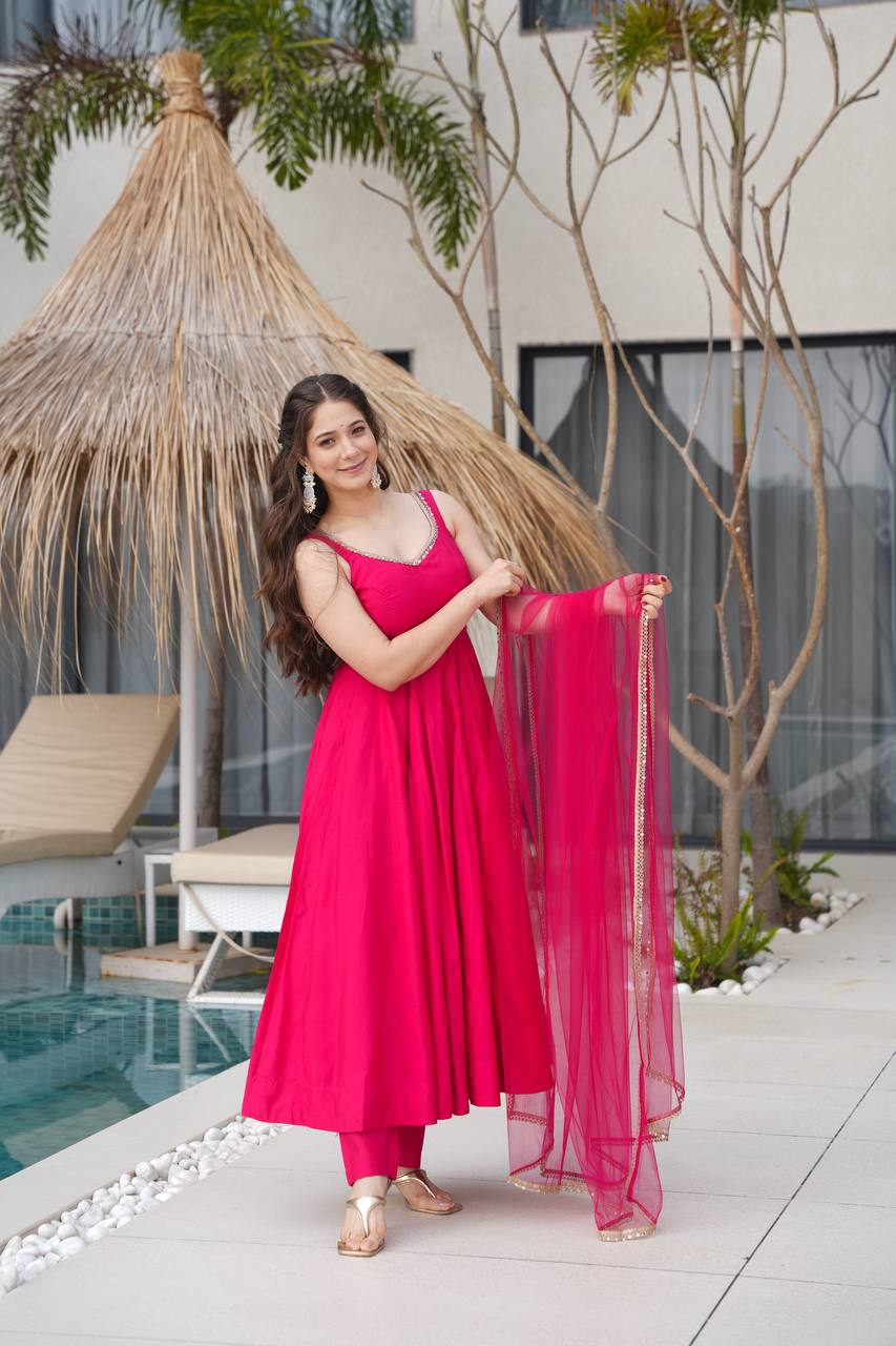 PURE ROMANSILK CHANDERI FABRIC BASE FULLY FLAIR ANARKALI SUIT SET OF 3