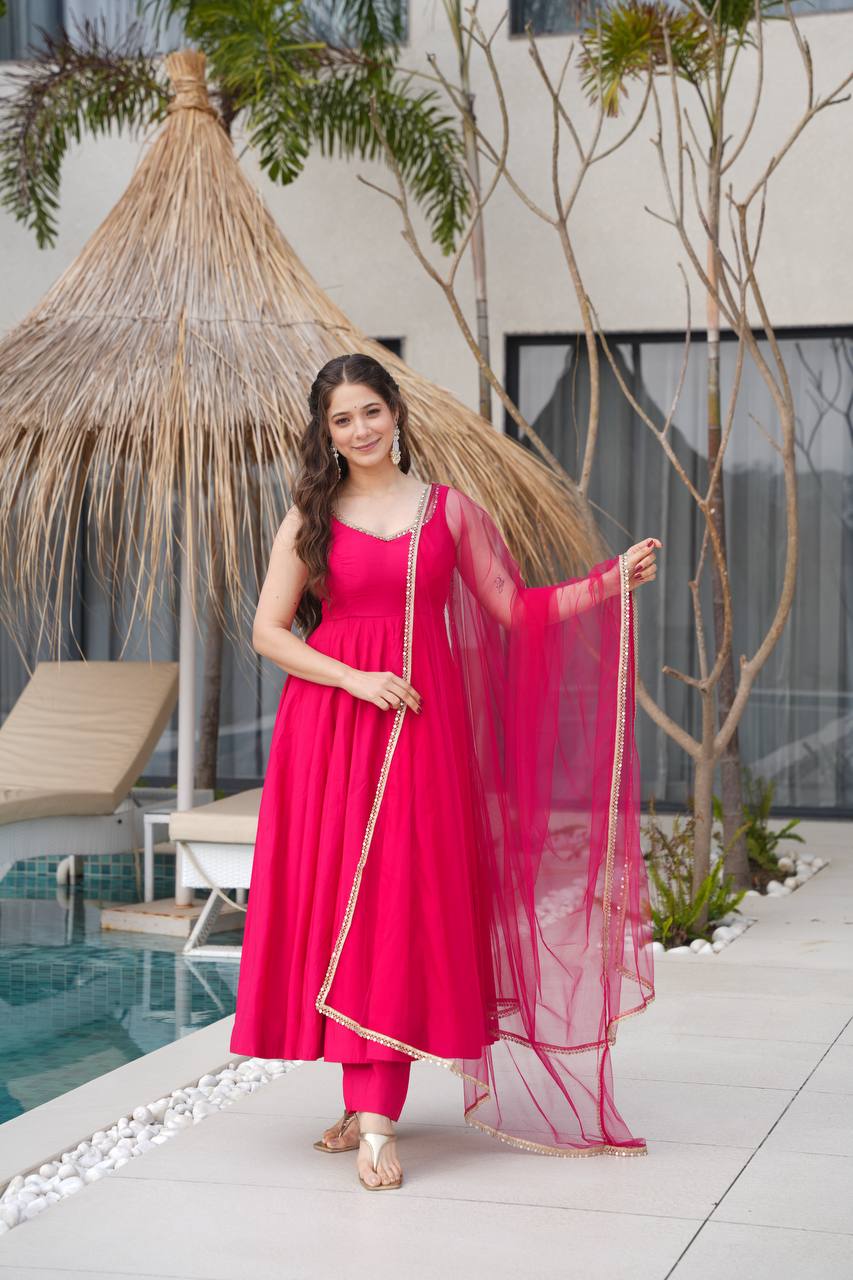 PURE ROMANSILK CHANDERI FABRIC BASE FULLY FLAIR ANARKALI SUIT SET OF 3