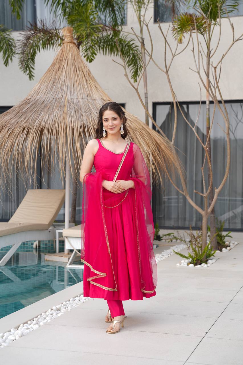 PURE ROMANSILK CHANDERI FABRIC BASE FULLY FLAIR ANARKALI SUIT SET OF 3