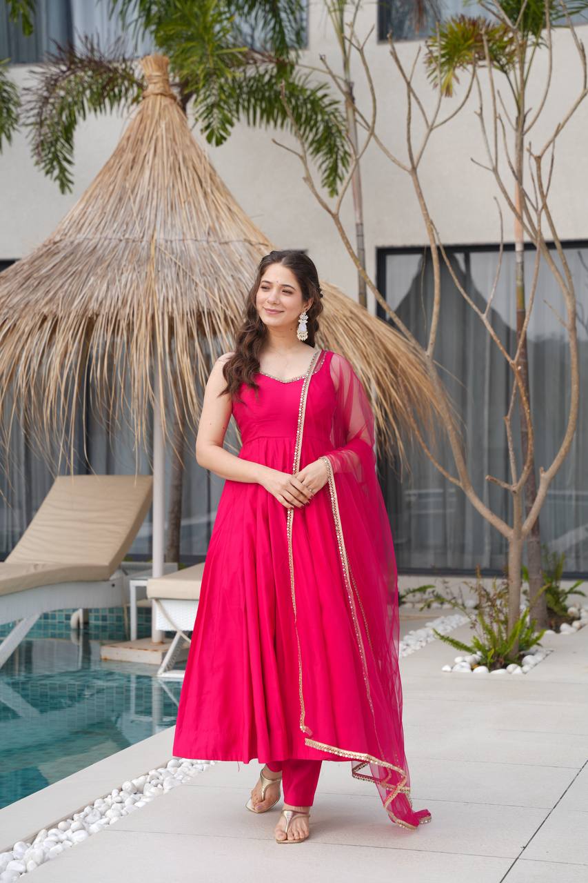 PURE ROMANSILK CHANDERI FABRIC BASE FULLY FLAIR ANARKALI SUIT SET OF 3