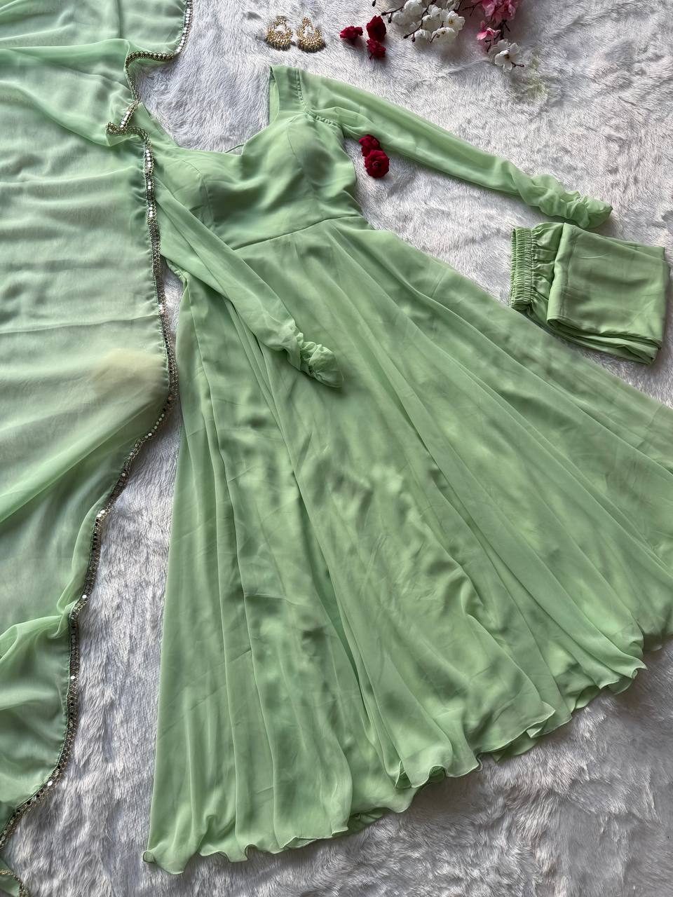 CELESTIAL MINT ELEGANCE PREMIUM DESIGNER ANARKALI SUIT SET