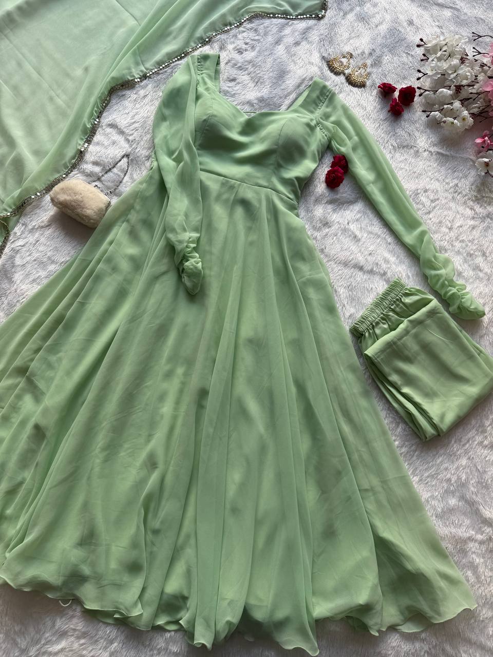 CELESTIAL MINT ELEGANCE PREMIUM DESIGNER ANARKALI SUIT SET