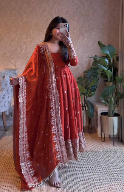 ORANGE COLOR DESIGNER GOWN SET WITH DUPATTA & PANT