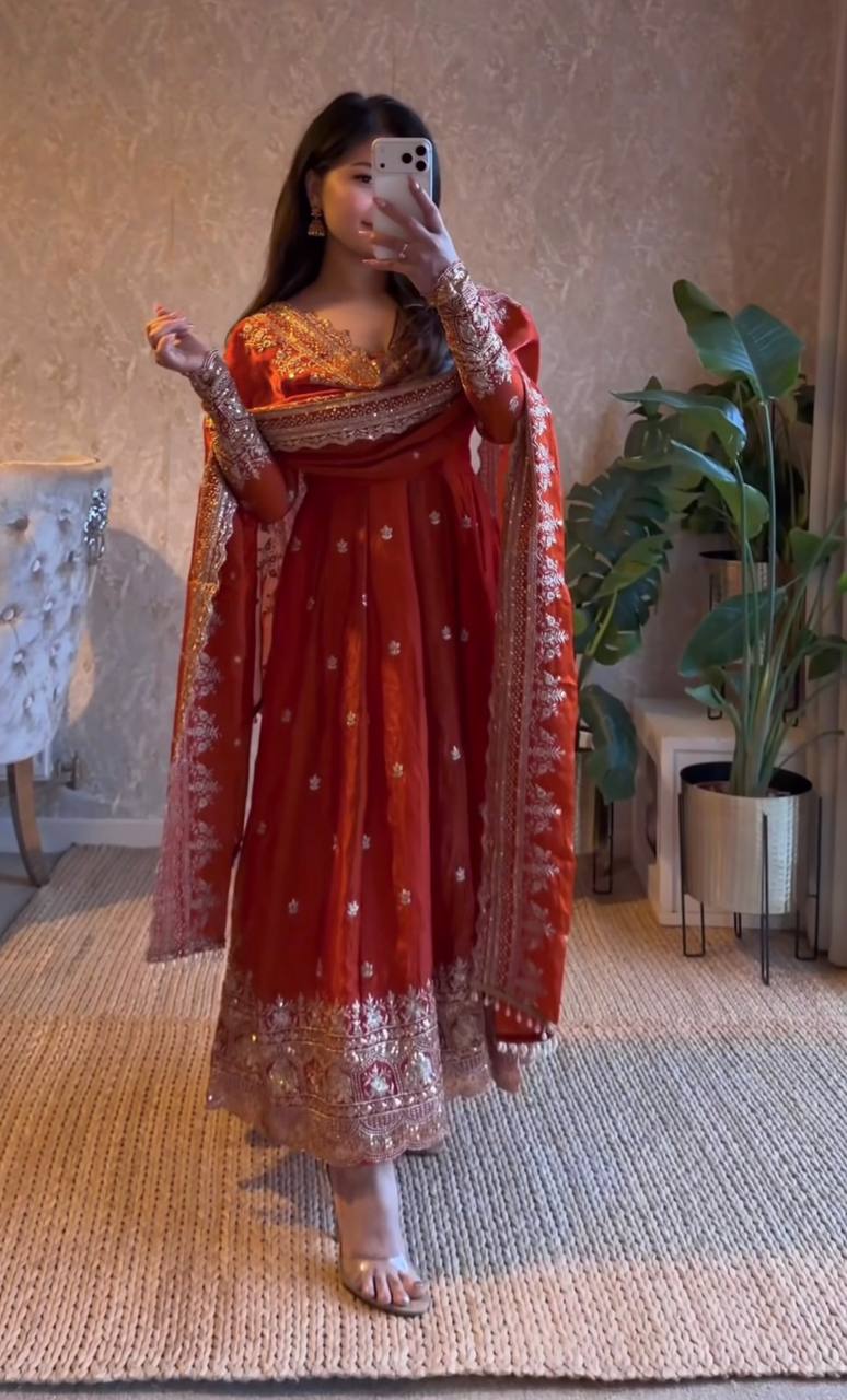 ORANGE COLOR DESIGNER GOWN SET WITH DUPATTA & PANT